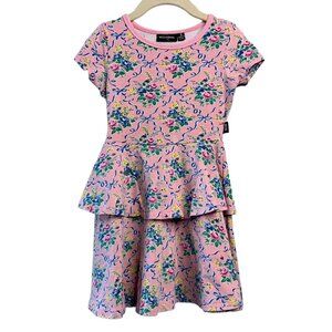 ROCK YOUR BABY Floral Peplum Dress Girls 5 5T Girl Pink Bows Flower Bouquets Kid